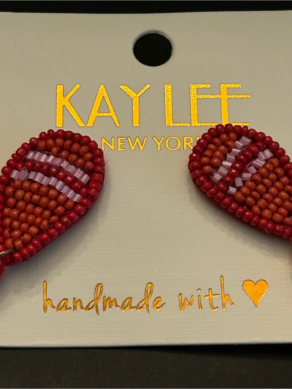 Kay Lee Red & Pink with Gold Hand-Beaded Teardrop Pierced Earrings NWT